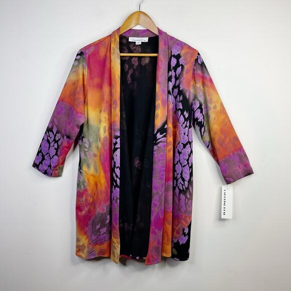 Caroline Rose Black Multi Colored Open Flowy Animal Print Cardigan Jacket L new - Picture 1 of 10